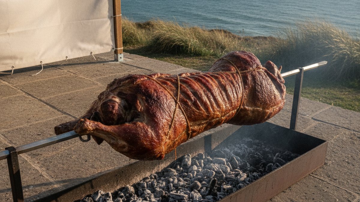 A whole lamb on a spit set up for a function in the Atlantic Seaboard